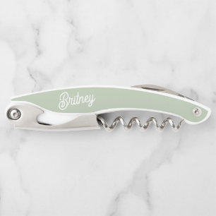 Tire-bouchon Sage moderne Vert Blanc Personnalisé Monogramme No