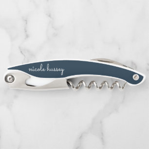 Tire-bouchon Script bleu marine   Moderne Monogramme élégant