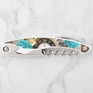 Tire-bouchon Steampunk Clock and Turquoise Roses on Striped