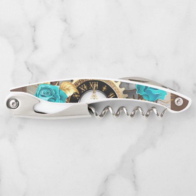 Tire-bouchon Steampunk Clock and Turquoise Roses on Striped (Devant)