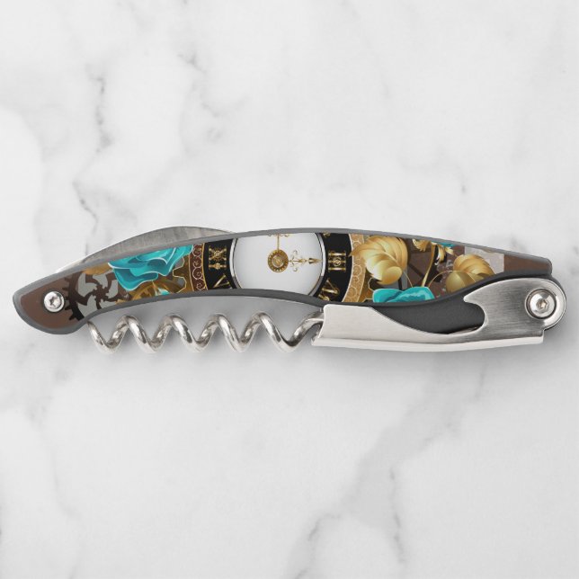 Tire-bouchon Steampunk Clock and Turquoise Roses on Striped (Dos)