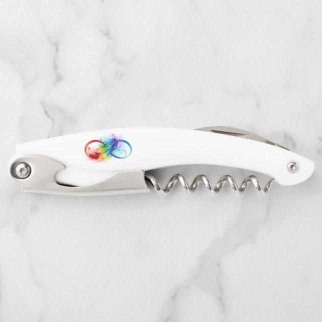 Tire-bouchon Symbole d'infini avec plume arc-en-ciel (Devant)