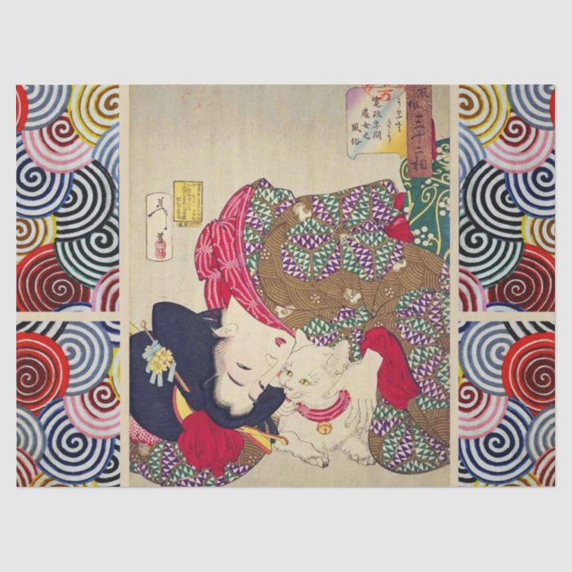 TIRESOME, JAPANISCHE FRAU MIT WEISSER KATZE SEIDENPAPIER (Vorderseite)