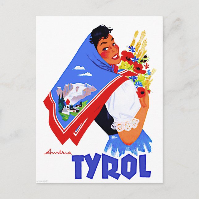 Tirol, Österreich.Frau mit Blume und bemaltem Scha Postkarte (Vorderseite)
