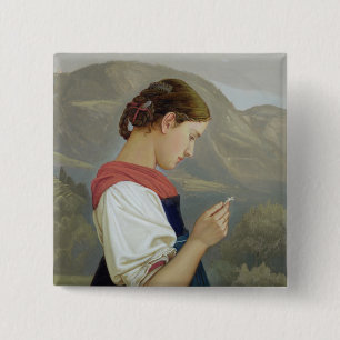 Tiroler Mädchen, das ein Kruzifix, 1865 erwägt Button