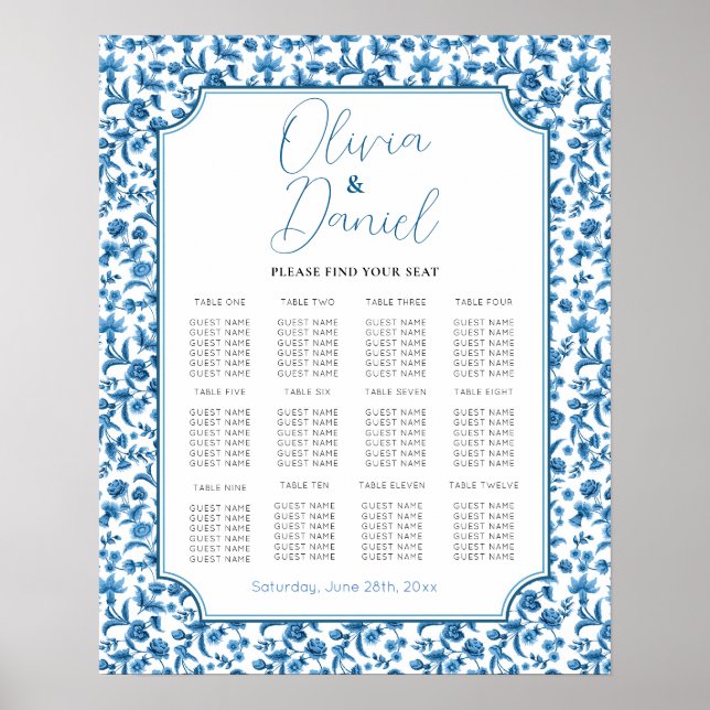 Tisch Hochzeit 12 Chintz Blue White Floral Poster (Vorne)