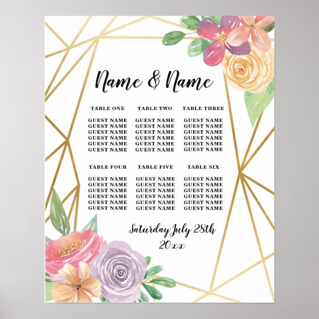 Tisch Hochzeitsflorenposter Sitzplatine Gold Rahme Poster (Vorne)