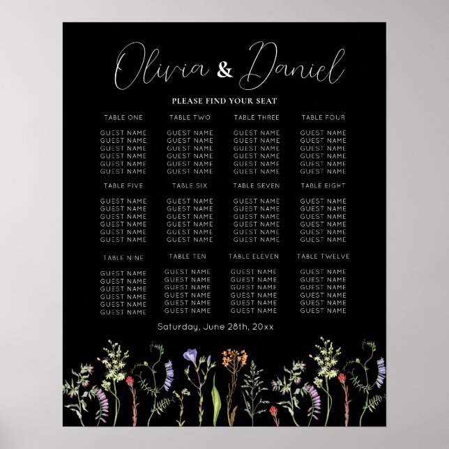 Tisch Hochzeitssitze 12 Wildblumen Blumendark Poster (Vorne)