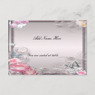 Tischkarte mit rosa Blumen und Schmetterling Einladung