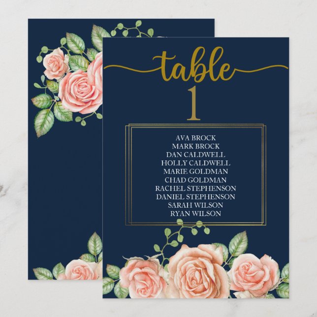 Tischkarte Navy Blue Gold Blush Einladung (Vorne/Hinten)