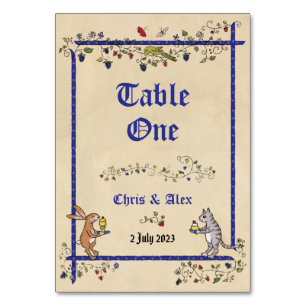 Tischkarten mit mittelalterlichen Tieren und Namen Tischnummer