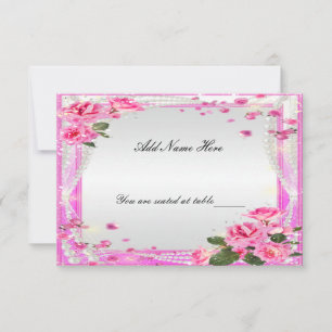 Tischkarten mit rosa Rosen und Perlen Einladung