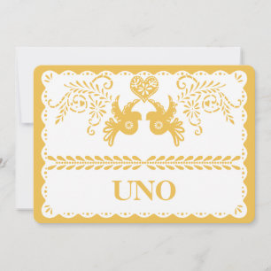 Tischkarten "Papel Picado" Gold Fiesta Taube Herz Einladung