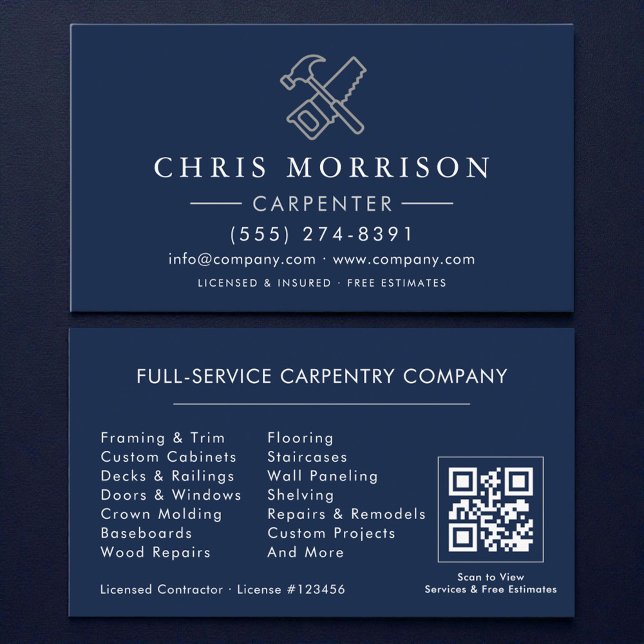 Tischler Navy Blau Silber QR-Code Visitenkarte (Von Creator hochgeladen)