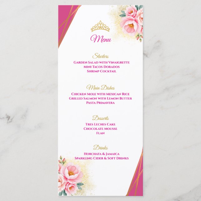 Tischmenü Rosa Flora und Gold Quinceñera Menükarte (Vorderseite)