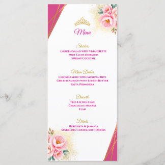 Tischmenü Rosa Flora und Gold Quinceñera Menükarte