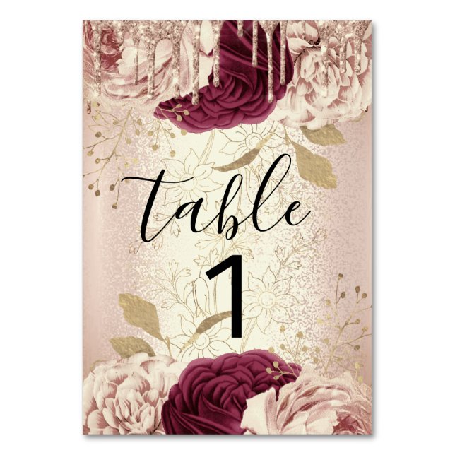 Tischnummer 1 Tropfen Florals Rose Marsala Burgund (Vorderseite)