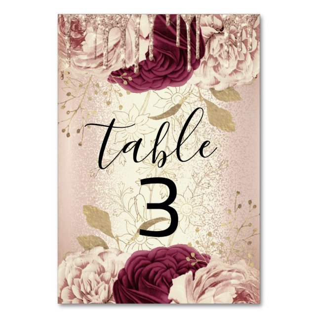 Tischnummer 3 Tropfen Florals Rose Marsala Burgund (Vorderseite)