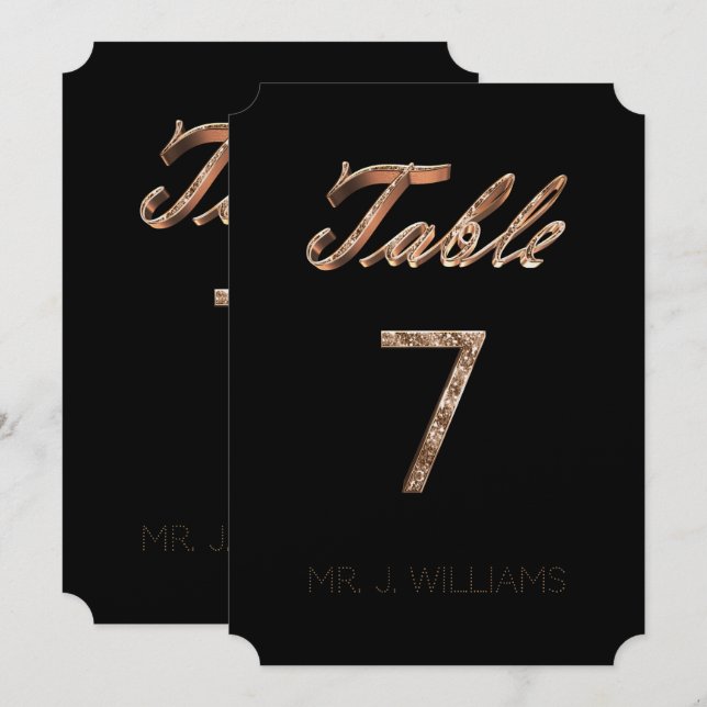 Tischnummer 7 Black Gold Elegante Escort Card (Vorne/Hinten)