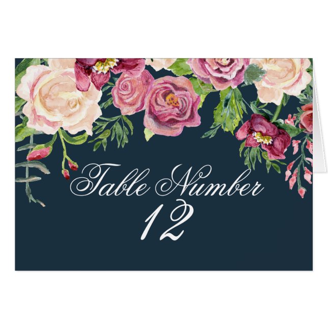Tischnummer Aquarell Navy Pink Floral Rose (Vorderseite (Horizontal))