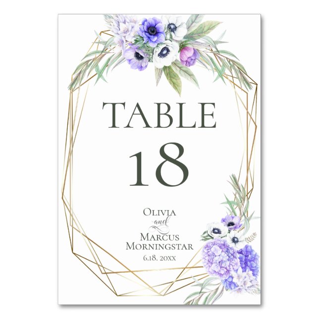 Tischnummer | Aquarellviolett Anemone Floral (Vorderseite)