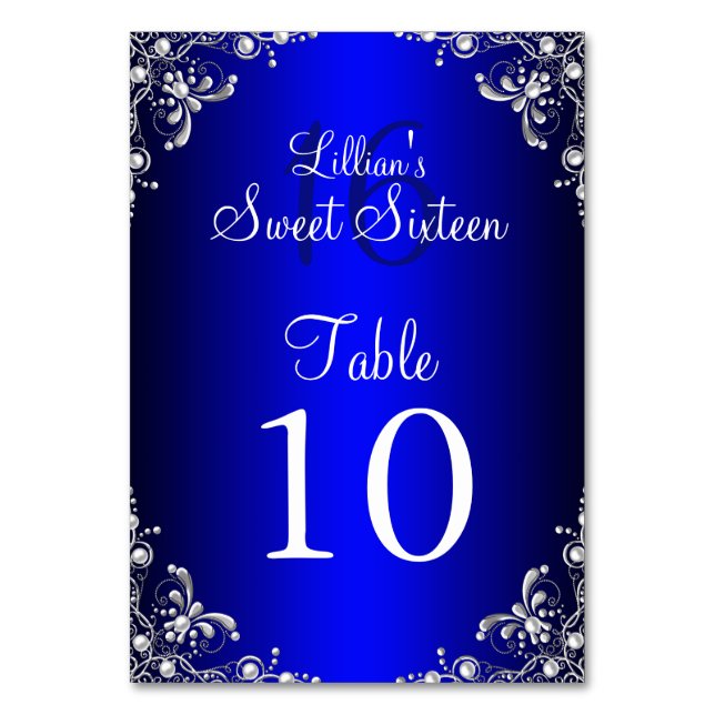 Tischnummer Card Royal Blue Sweet 16 Silver Pearl (Vorderseite)