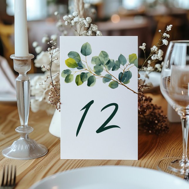 Tischnummer der Eukalyptuszweige (Eucalyptus branch wedding table number)