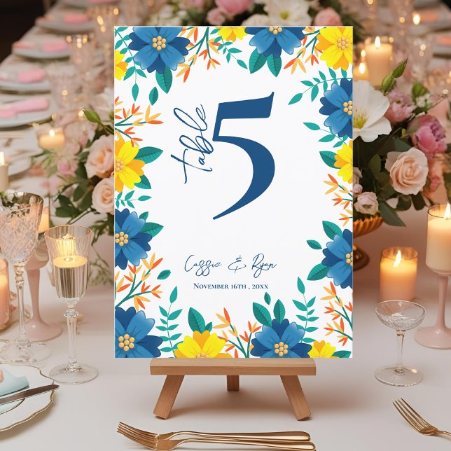 Tischnummer der Hochzeitsfeier in Gelb und Blau (Yellow And Blue Floral Wedding Party Table Number)