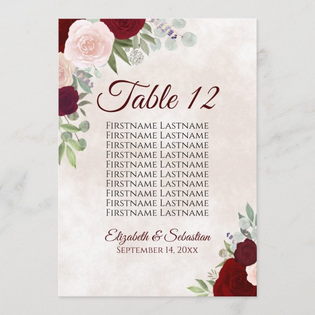 Tischnummer der Hochzeitskarte für Burgund-Blush (Vorderseite)