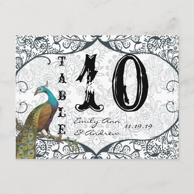 Tischnummer der Whimsical Peacock Love Bird (Vorderseite)