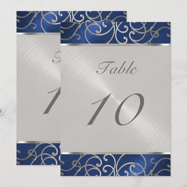 Tischnummer Elegant Blue und Silver Filigree (Vorne/Hinten)
