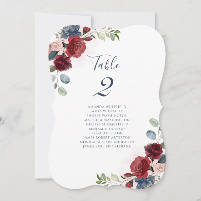Tischnummer für Burgund-Floral-Hochzeiten (Vorderseite)