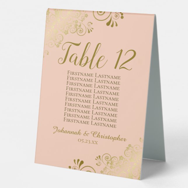 Tischnummer für Hochzeiten von Gold und Pfirsich Tischaufsteller (Rückseite)
