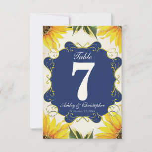 Tischnummer für Sonnenblumen- und Blaue Hochzeitsf