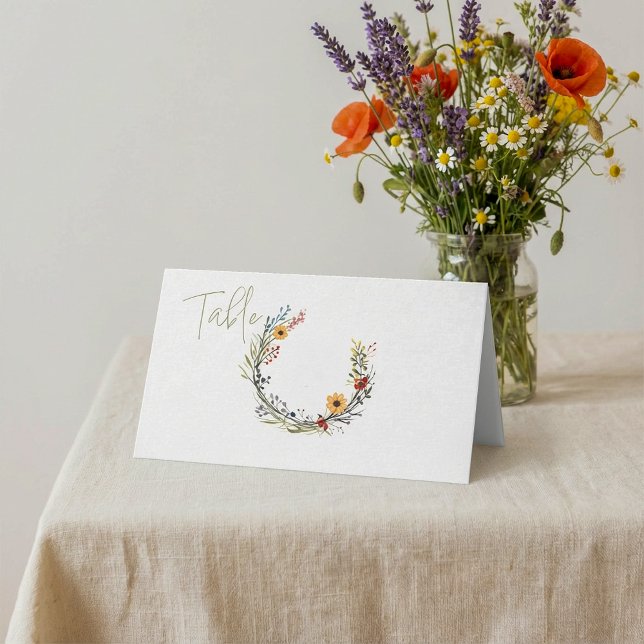 Tischnummer für Wildblume Platzkarte (Wildflower wreath table number place card.)