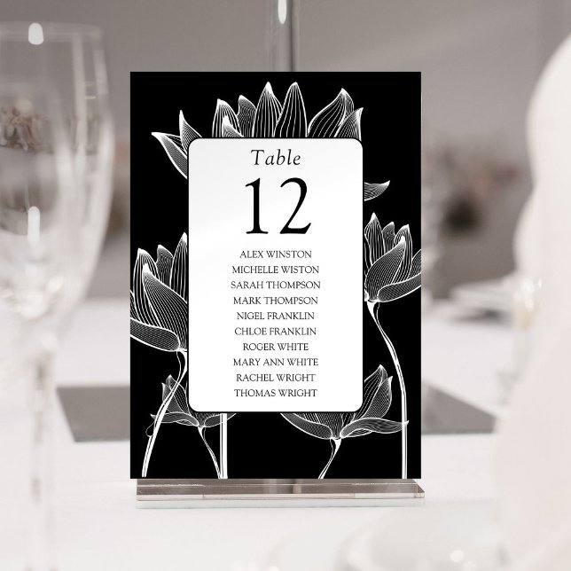 Tischnummer mit Schwarz-Weiß-Blumen (Black And White Floral Table Number Seating Chart)
