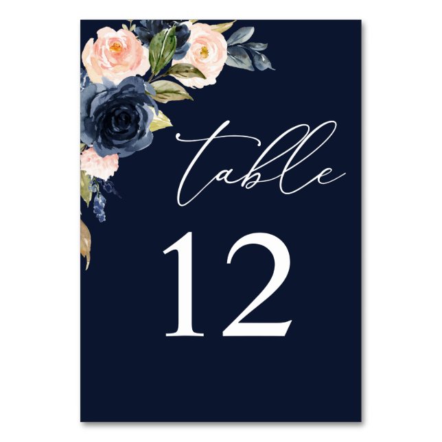 Tischnummer Navy Blue & Blush Pink Floral - Navy (Vorderseite)