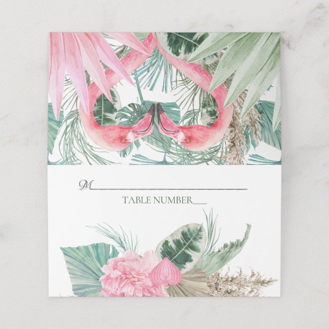 Tischnummer Pink Flamingo Tropische Blume Platzkarte (Außenseite Aufgefaltet)