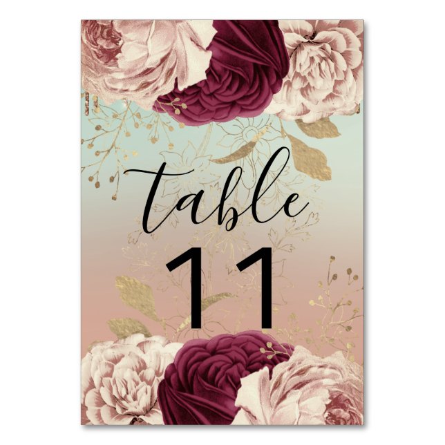 Tischnummer Pink Florals Rose Gold Marsala Blue (Rückseite)