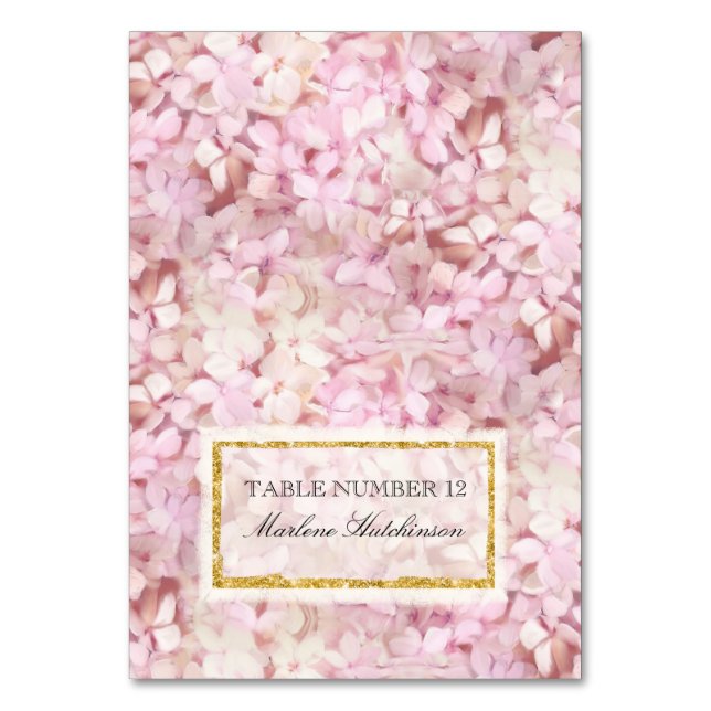 Tischnummer Platzkarte Pink Hydrangeas Gold Imitat (Vorderseite)