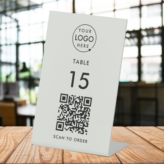 Tischnummer QR Code Scan to Order Grau Restaurant Sockelschild (Interactive "scan to order" QR code table signs for restaurants, bars, cafes & hospitality events.)