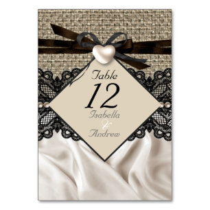 Tischnummer Rustic Wedding Burlap Lace Herz