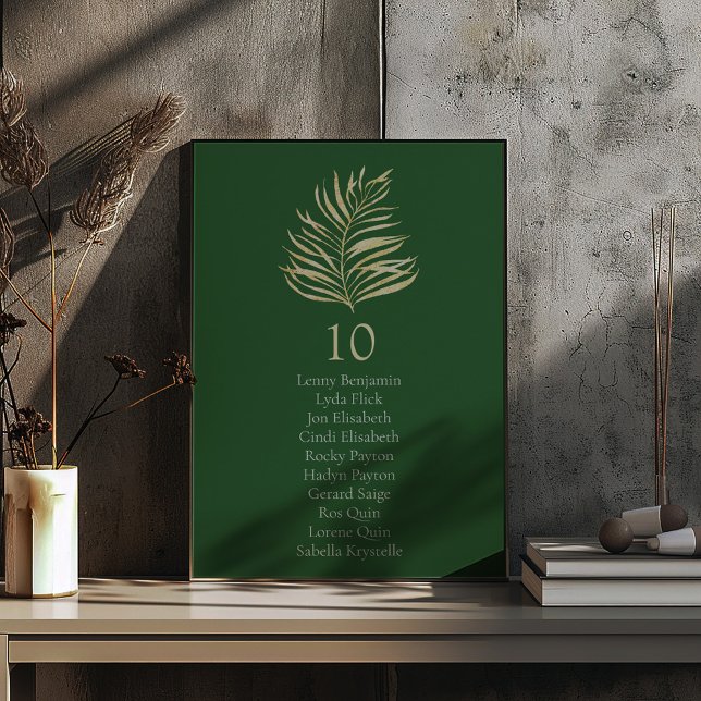 Tischnummer-Seekarte für Blätter mit Goldene Wirku Einladung (Pretty gold effect palm leaves with green background wedding reception party table number plant)