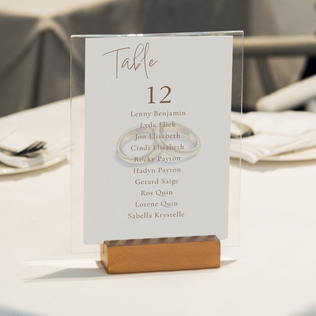 Tischnummer-Seekarte für Hochzeiten Einladung (Clear and elegant seating chart featuring two gold wedding rings, crisp table numbers and names.)
