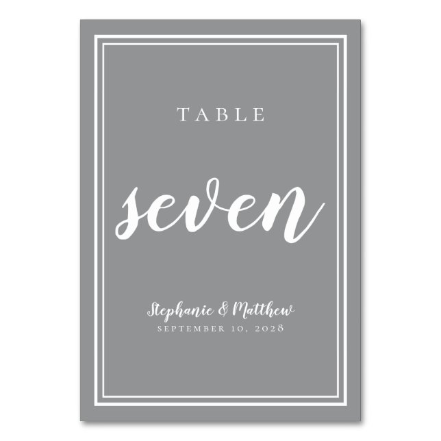 Tischnummer Seven | Graue weiße Hochzeitsempfehlun (Vorderseite)