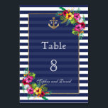 Tischnummer Tropical Floral Luau Navy Stripes<br><div class="desc">Elegantes,  exotisches Design mit Visitenkarten aus Luau Hawaiianischen Blume Bouquets,  marineblau Streifen,  Imitat Silberfolienanker,  eine runde Form für Informationen mit einem Imitat Goldrahmen. Für passende Artikel besuchen Sie bitte meine Hochzeitskollektion Tropical Floral Luau Navy Blue Stripes.</div>