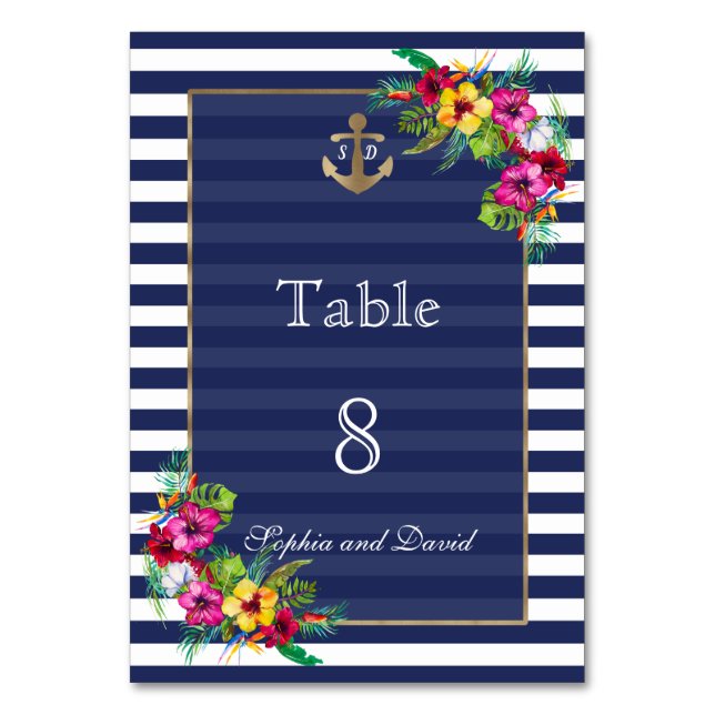 Tischnummer Tropical Floral Luau Navy Stripes (Vorderseite)