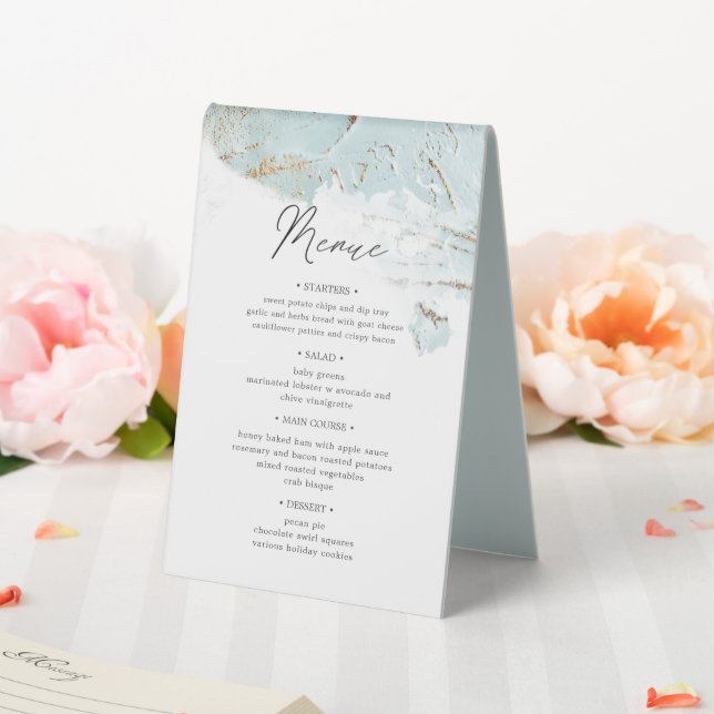 Tischnummer- und Hochzeitsmenü in Blau Tischaufsteller (In Situ (Hochzeit))