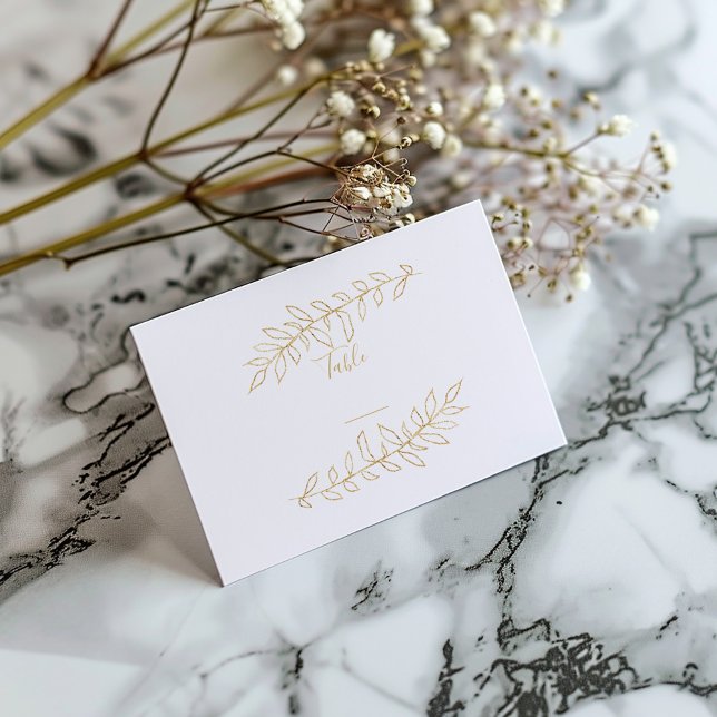 Tischnummer von Gold-Blätter Platzkarte (White table number place card with delicate gold colored leaves and text.)