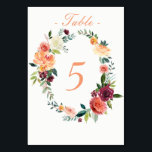 Tischnummer Wasserfarben Herbst Garten<br><div class="desc">Aquarellfarbene Blume in Bordeaux,  Korallen,  Gold,  Rot und Pfirsichfarben Tischnummer Card. Stil,  Farbe und Schriftart des Textes können personalisiert sein. Auch die Hintergrundfarbe kann angepasst werden. Entsprechende Artikel finden Sie in unserer Fall Garden Floral Collection.</div>